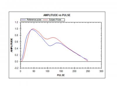 Figure 1: Single PPGF Plot (Blue: 19 year old healthy reference pulse; Red: target subject).